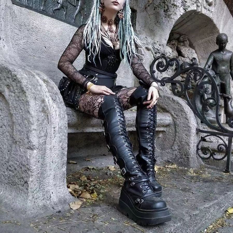 Women's Metal Buckle With Platform High Female Plus Women's Leather Boots