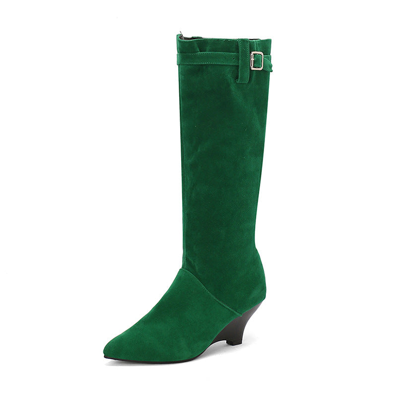 Women's Belt Buckle Side Zipper High Leg Women's Leather Boots
