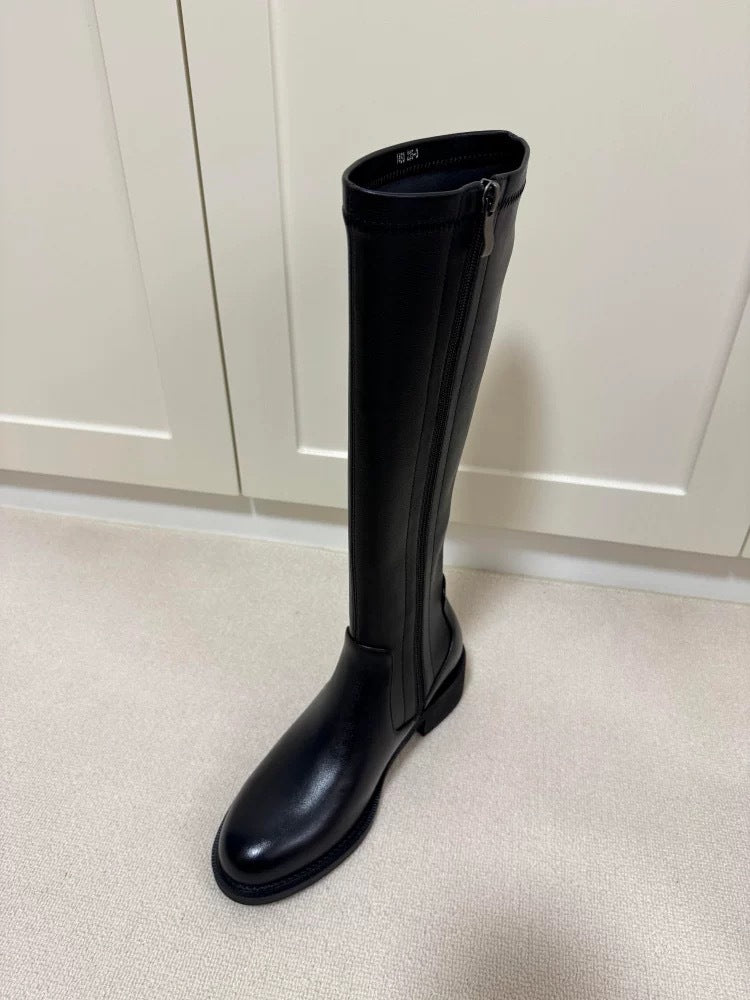 Women's Simple Graceful Round Head Chunky Knight Side Zipper Long Tube Women's Leather Boots