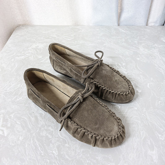 Women's Genuine Flat Bowknot Round Toe Pumps Vintage Crumpled Loafers
