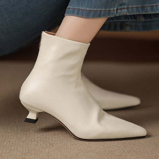 Genuine Soft Pointed Toe White Western Style Skinny Women's Leather Boots