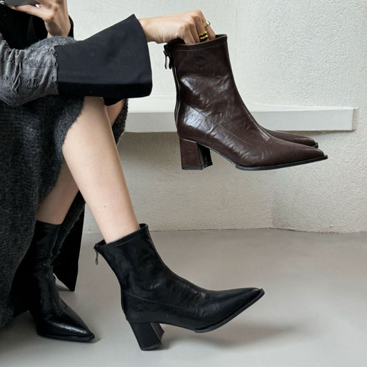 Women's Pointed Stretch High Thin Design Chunky Women's Leather Boots