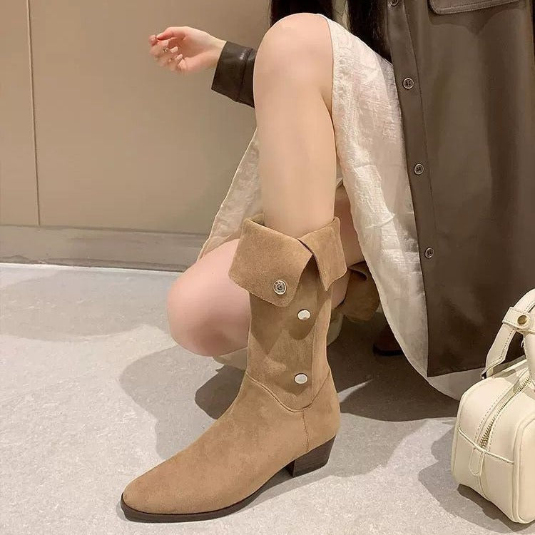 Women's Western Cowboy Pile Style Autumn Single Pointed Toe Long Chunky Women's Leather Boots