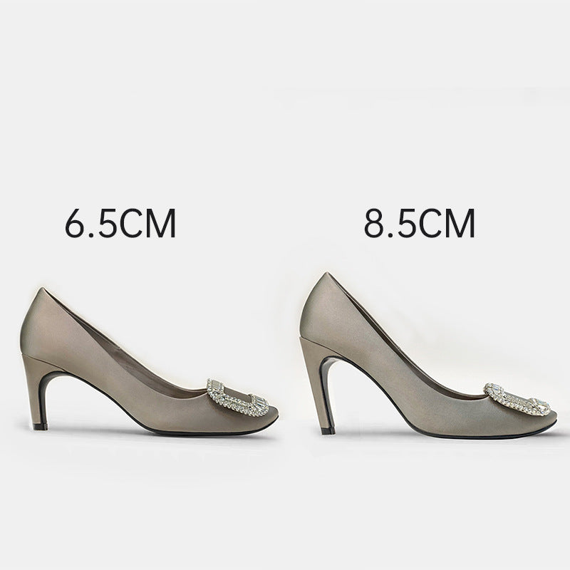 Women's Rhinestone Square Buckle Round Toe Satin Shallow Women's Fashion Shoes