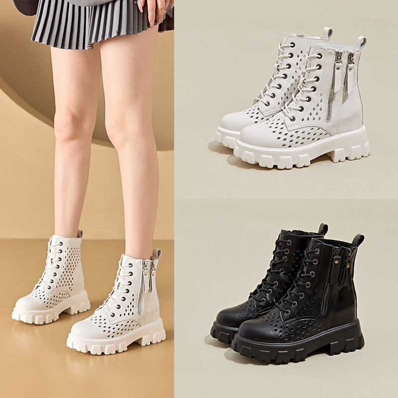 Women's Festival Authentic Hollow Out Martin Platform Height Increasing Insole Double-sided Women's Leather Boots