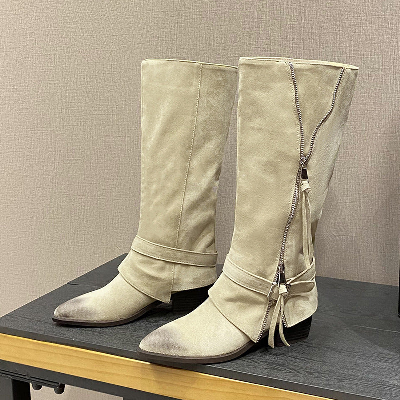 Women's Design Sense Niche Pointed Tassel Chunky Pantyhose Retro Women's Leather Boots