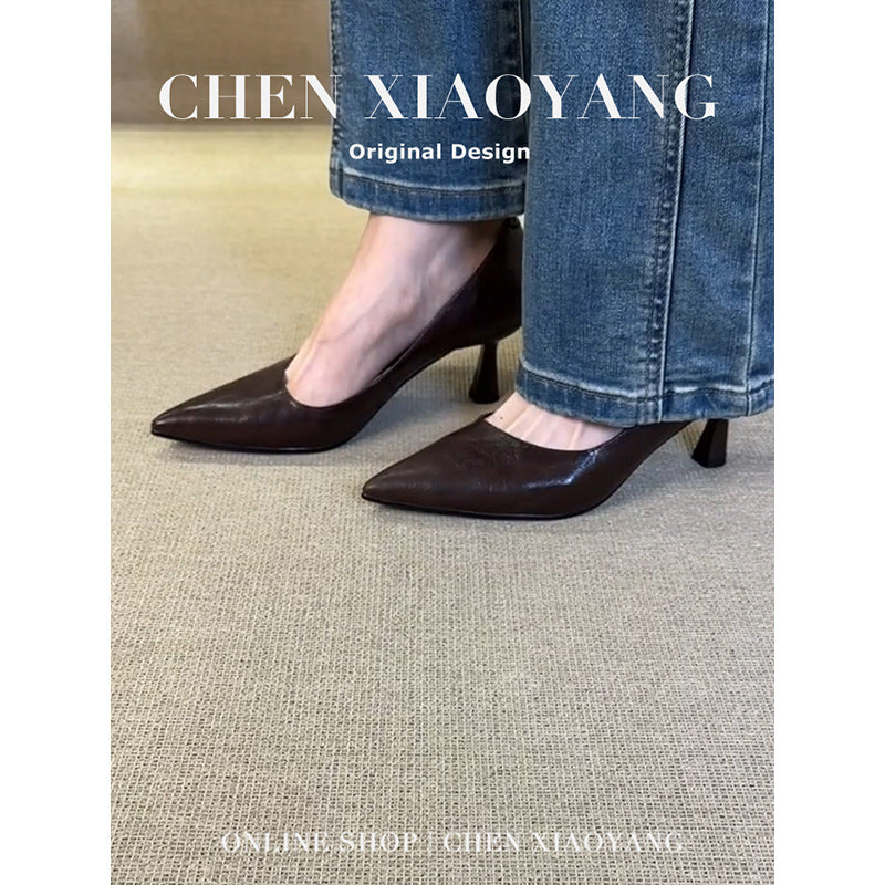 Women's Cowhide Version Black High Female Cat French Mid Professional Women's Shoes