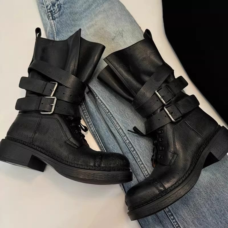 Women's High Motorcycle Knight Chunky Buckle Distressed Western Boots