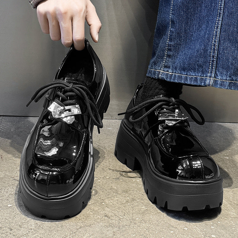 Men's Thick Bottom Height Increasing Small Derby Glossy Big Head Men's Casual Leather Shoes
