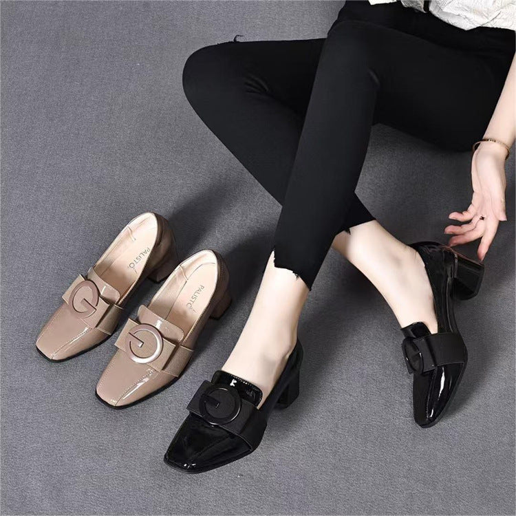 Women's Bottom Pumps Female Mid Chunky British Style Square Leather Shoes