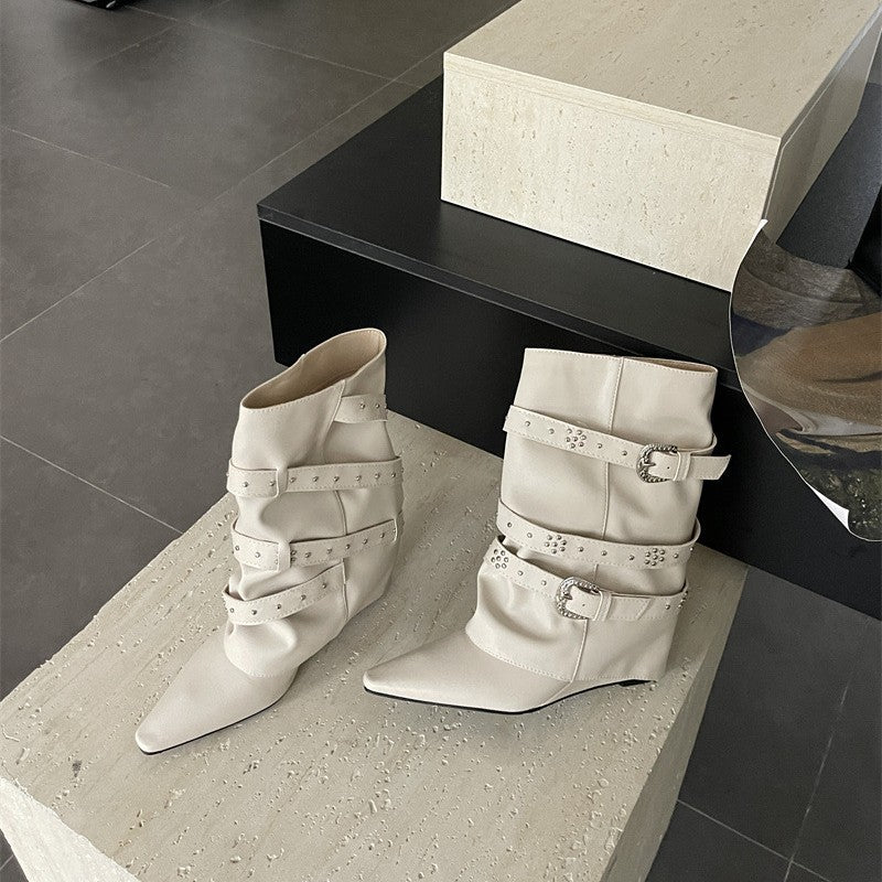 Ankle Fashionable Pointed Toe Wide Tube Slimming Belt Buckle Rivet Boots