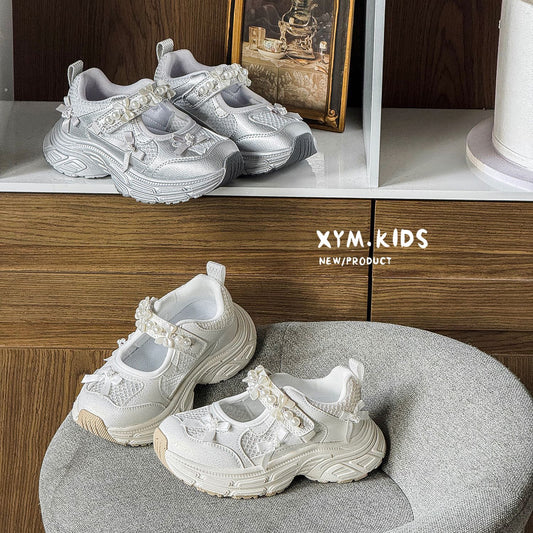 Children's Spring Korean Pearl Bow Lightweight Breathable Children's Sports Shoes