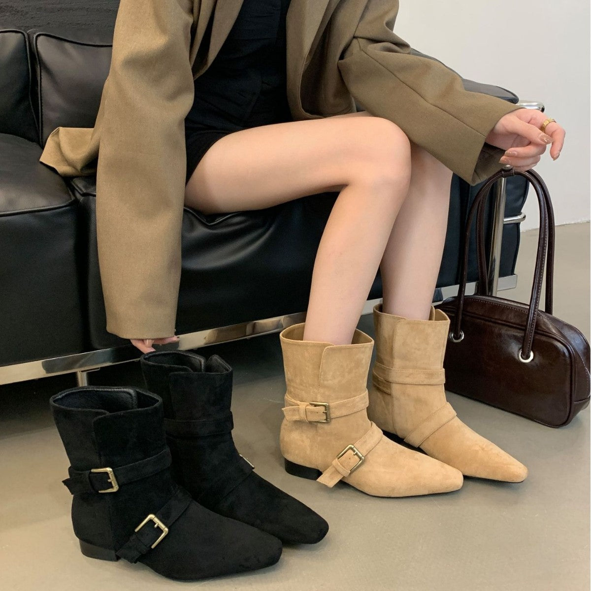 Women's Genuine Suede Retro Square Toe Two-way Chunky Belt Buckle For Women's Leather Boots