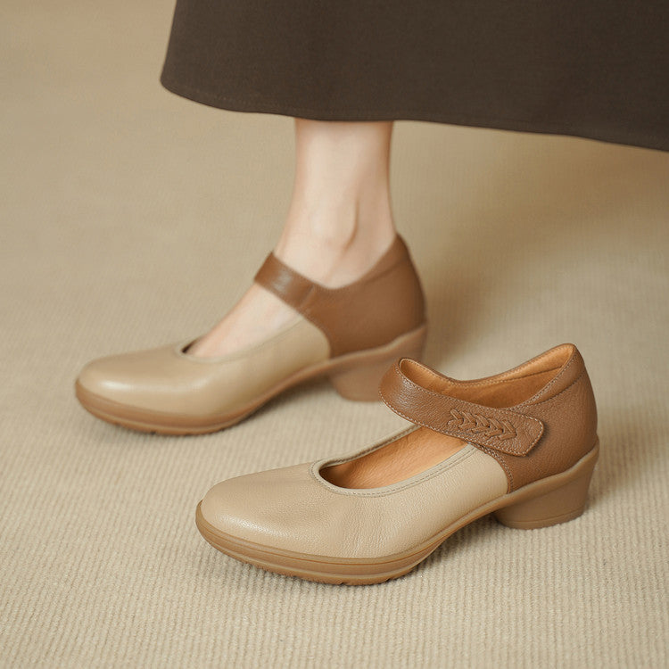 Women's French Retro Soft Sheepskin Pumps Low-cut Color Matching Thick Bottom Women's Fashion Shoes