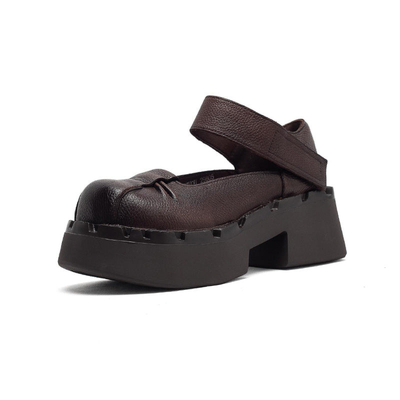 Women's Fashion Square Toe Mary Jane First Layer Cowhide Height Increasing Women's Casual Shoes