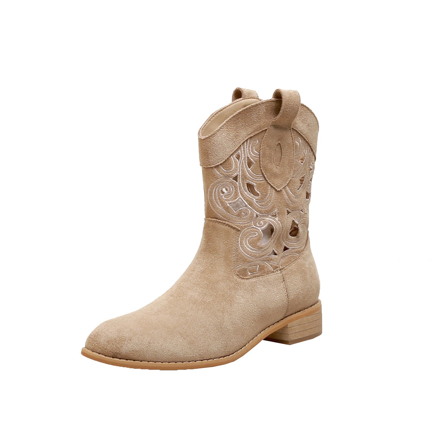 Cowhide Version Hot Hollowed Embroidery Chunky Knee-high Heels
