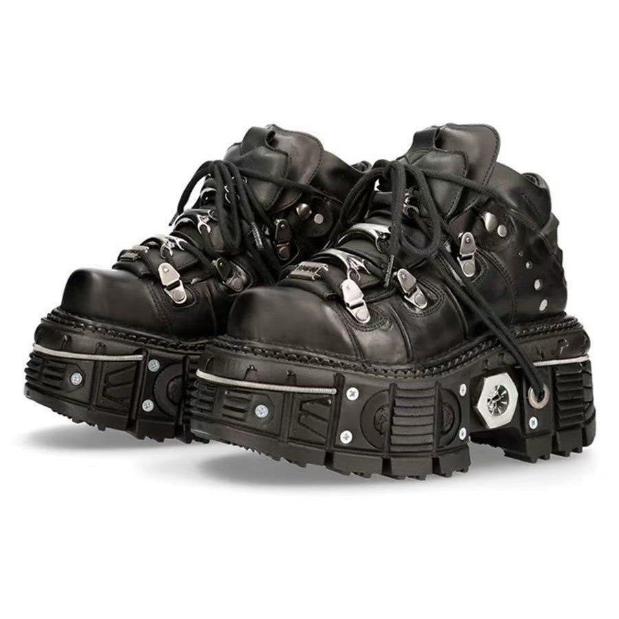 Women's & Men's Retro Spanish Tank Bottom Metal Platform Dark Leather Shoes