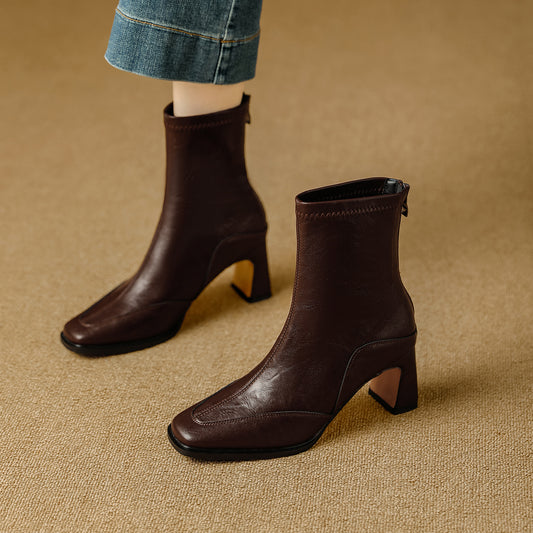 Women's Retro Square Toe High Short Autumn Zip Soft Fashionable Temperamental Women's Leather Boots