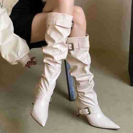 Women's Belt Buckle Stiletto High-heeled Thigh Pleated Pile Style Martin Boots