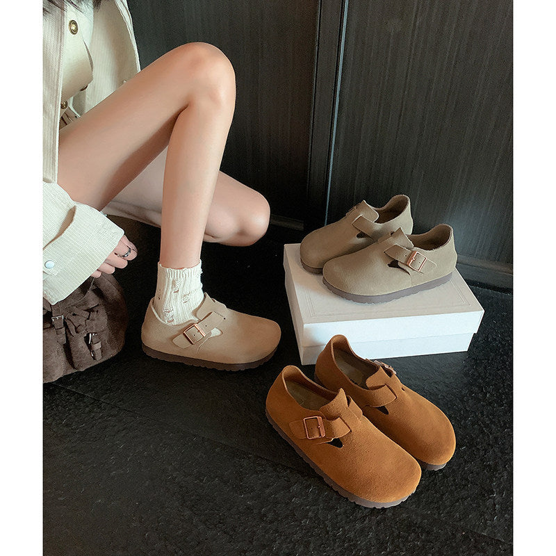 Cowhide Thick Bottom Lovers Vintage Genuine Soft Pine Slip-on Women's Casual Shoes