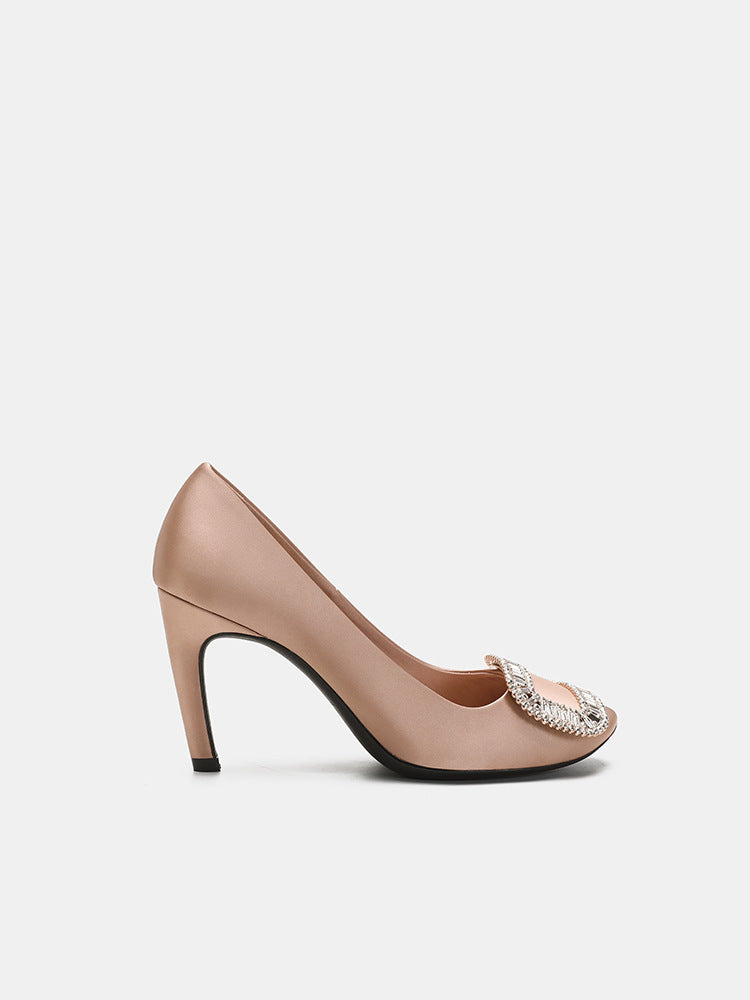 Women's Rhinestone Square Buckle Round Toe Satin Shallow Women's Fashion Shoes