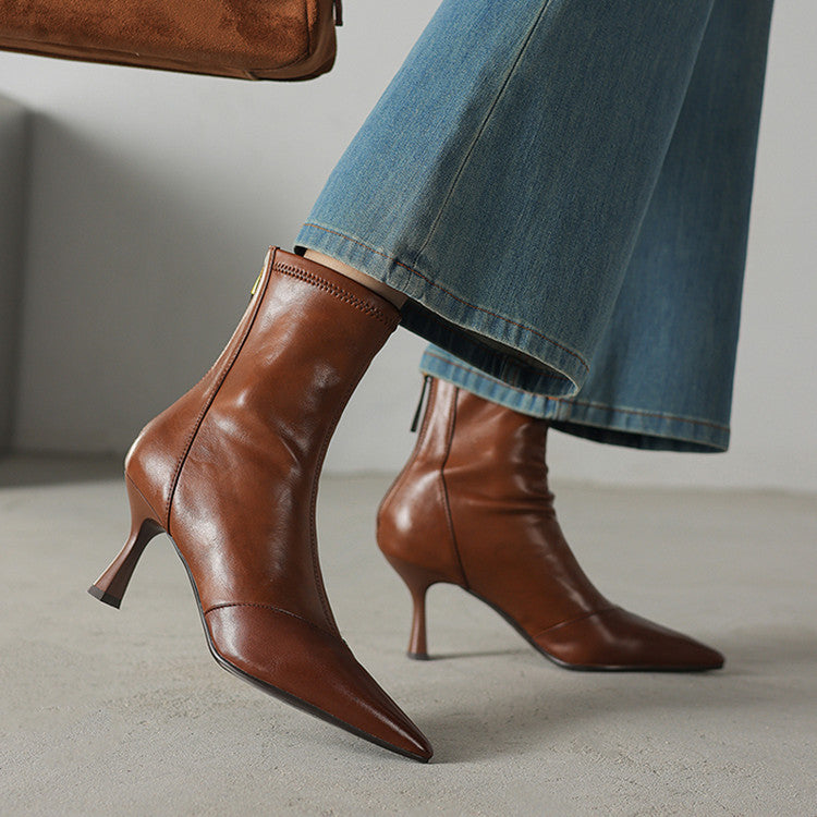 Women's Pointed Ankle Stiletto Zip Cowhide Fashion Brown Heels