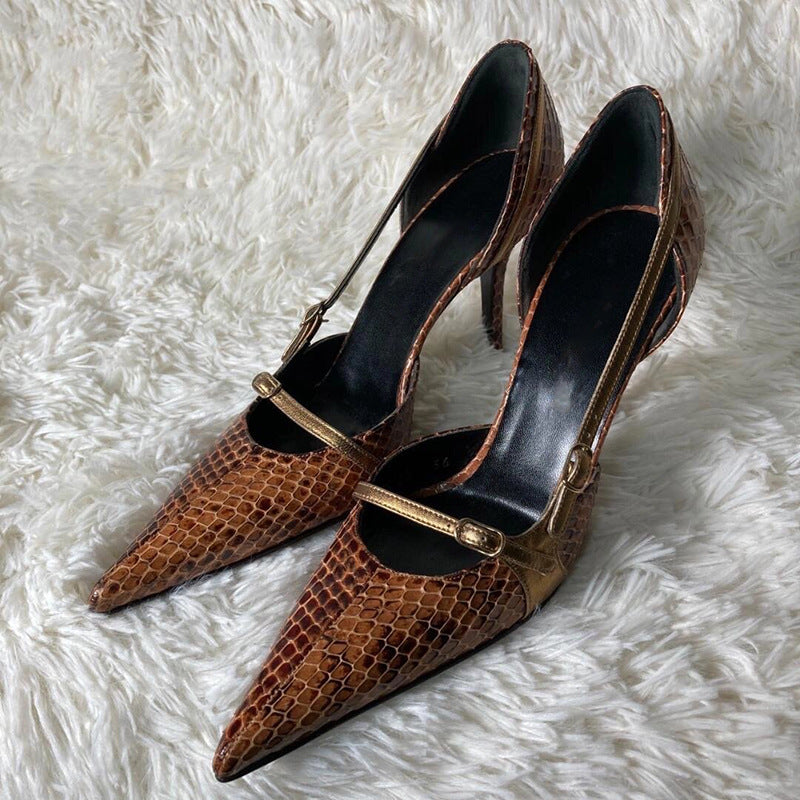 Women's Design Pointed Stiletto Snakeskin Pattern High Retro Hot Belt Buckle Women's Fashion Shoes