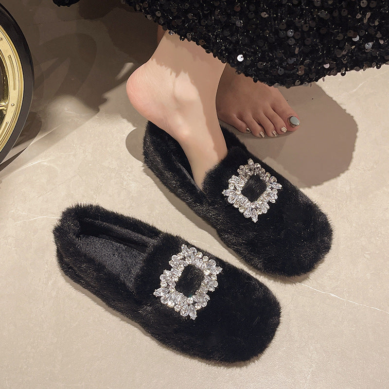 Women's Rhinestone Round Head Plus Veet Doug Single-layer Stylish Fur Casual Shoes