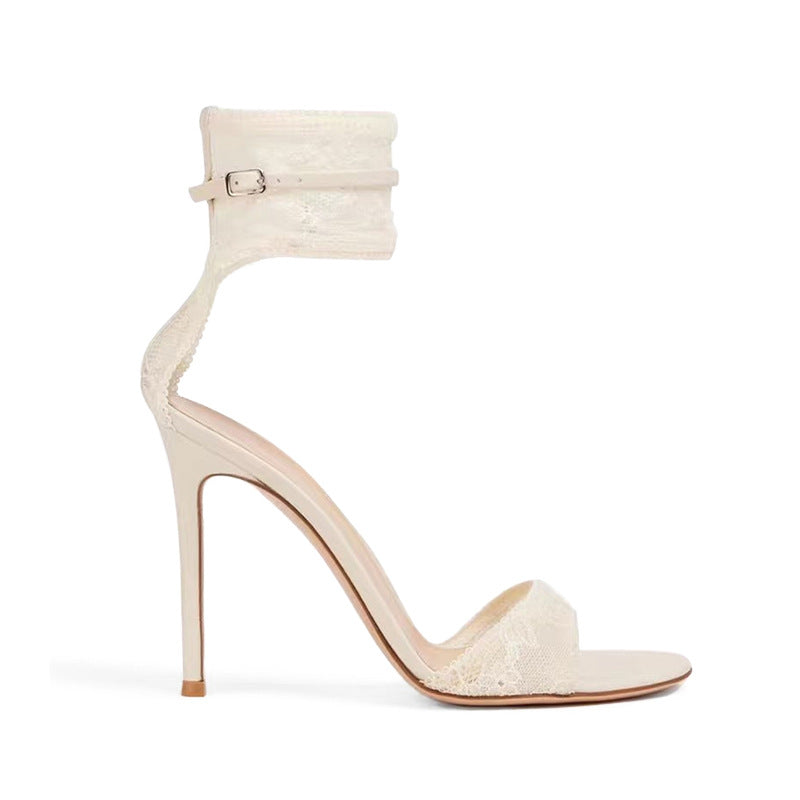 Women's White Dress Wedding Lace High-heeled Stiletto Main Yarn Ankle Ring High Heeled Sandals