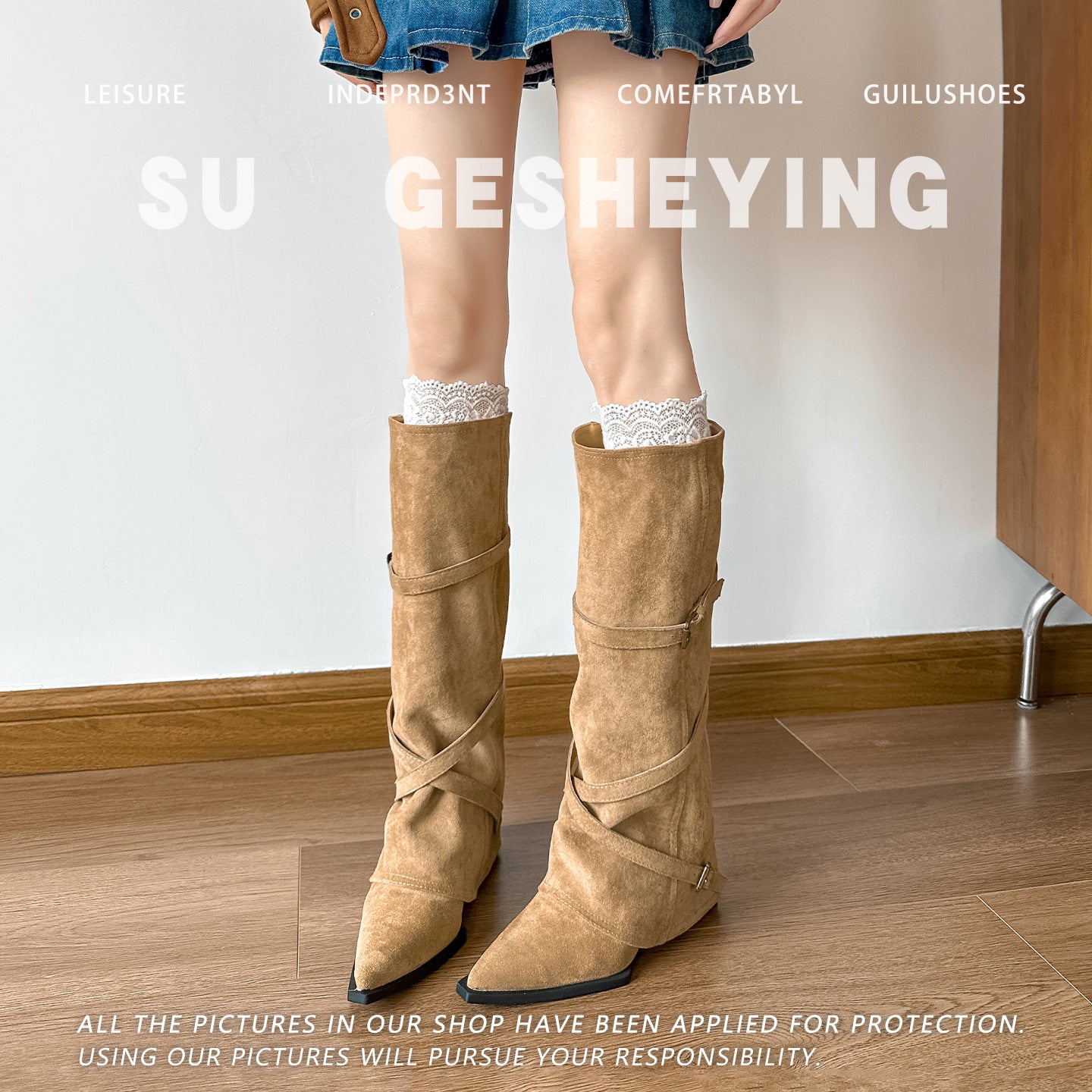 Women's Retro Pointed Toe Height Increasing Insole Women's Leather Boots