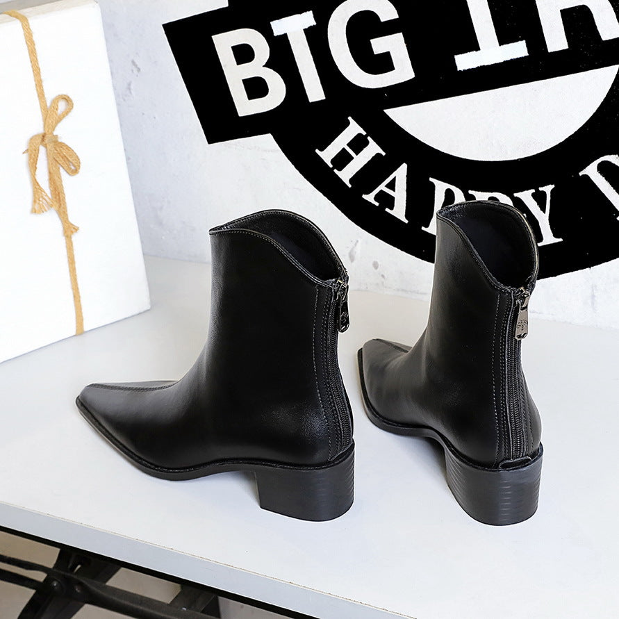 Women's Retro Simple Thick Bootie Pointed Toe Back Zipper Winter Boots