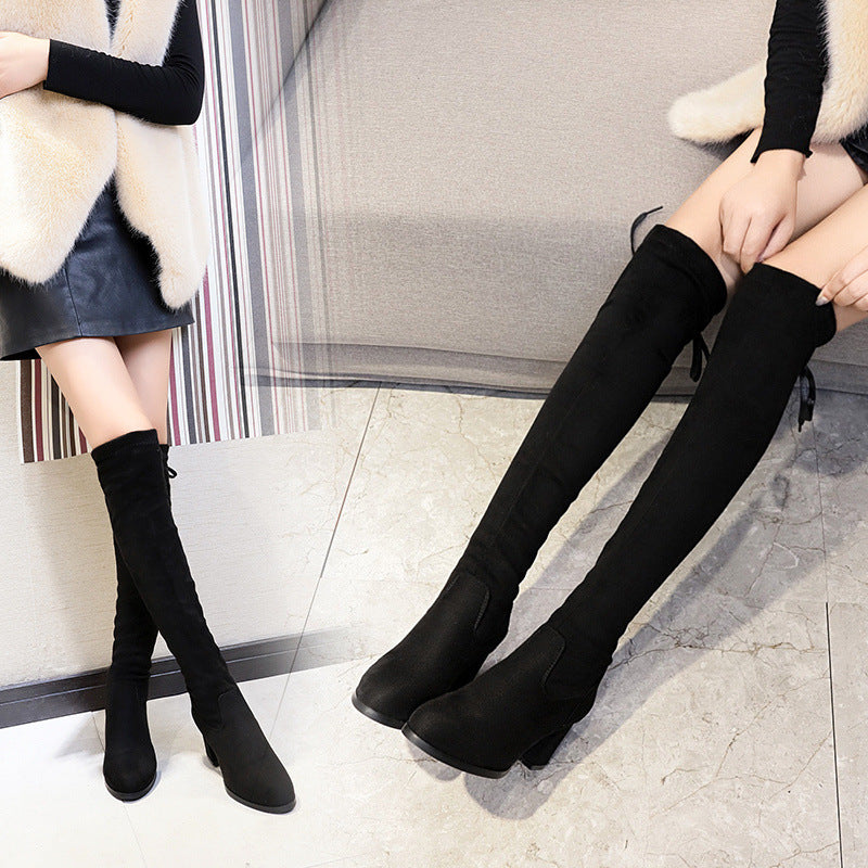 Long Female Slimming Thick Pointed Toe Boots