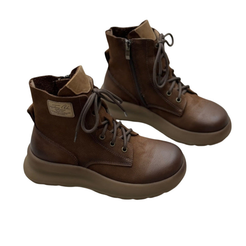 Women's Handmade Thick-soled Martin Retro Artistic Round Toe Side Zip Women's Leather Boots