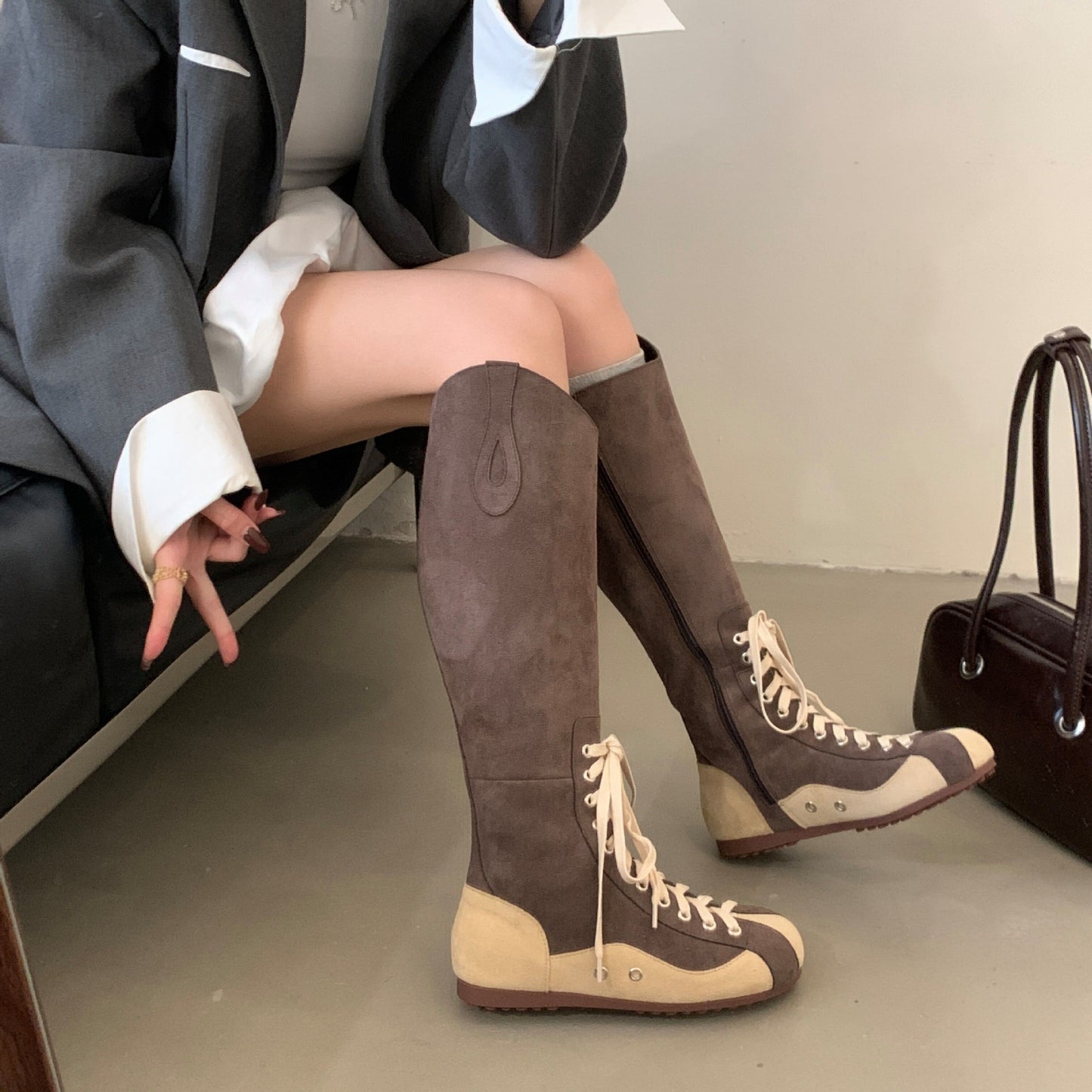 Female Color Matching Square Head Retro Strap Boots
