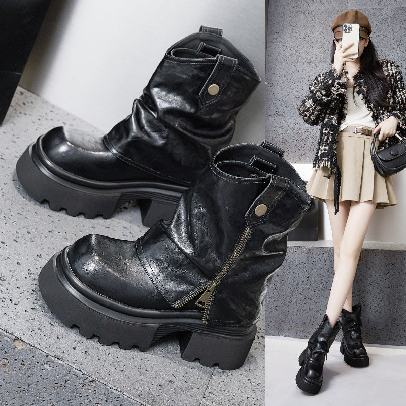 Women's Slip-on Mid Short Height Increasing Insole Women's Leather Boots