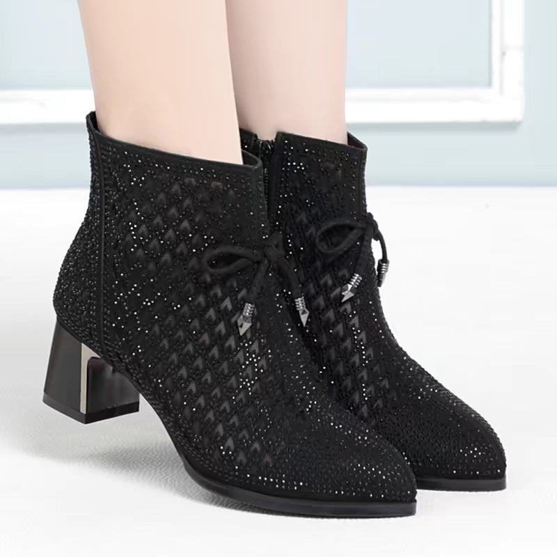Women's Rhinestone Summer Mid Ankle Chunky Breathable Boots