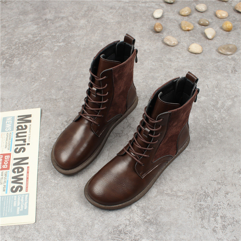 Korean Style Flat Lace Plus Veet Women's Leather Boots