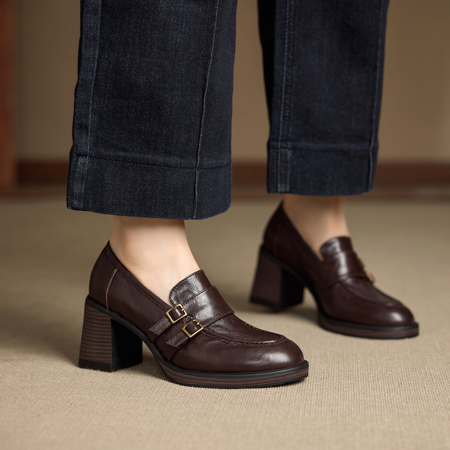 Women's Round Toe Double Breasted Mid Slip-on British Loafers