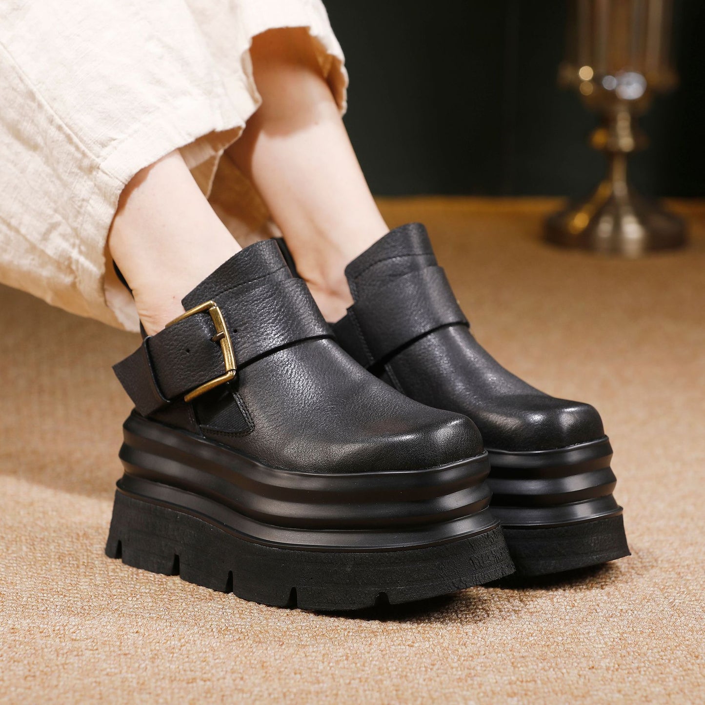 Women's Platform First Layer Cowhide Light Luxury Muffin Bottom Lightweight Women's Leather Boots