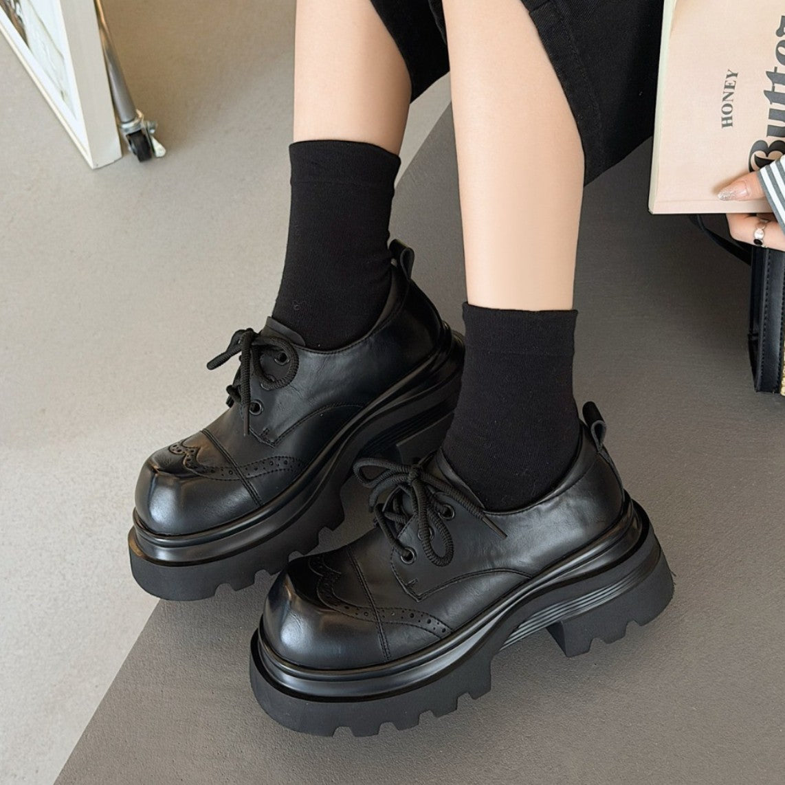 Women's Pumps Spring Thick Increased Round Toe Thin Leather Shoes