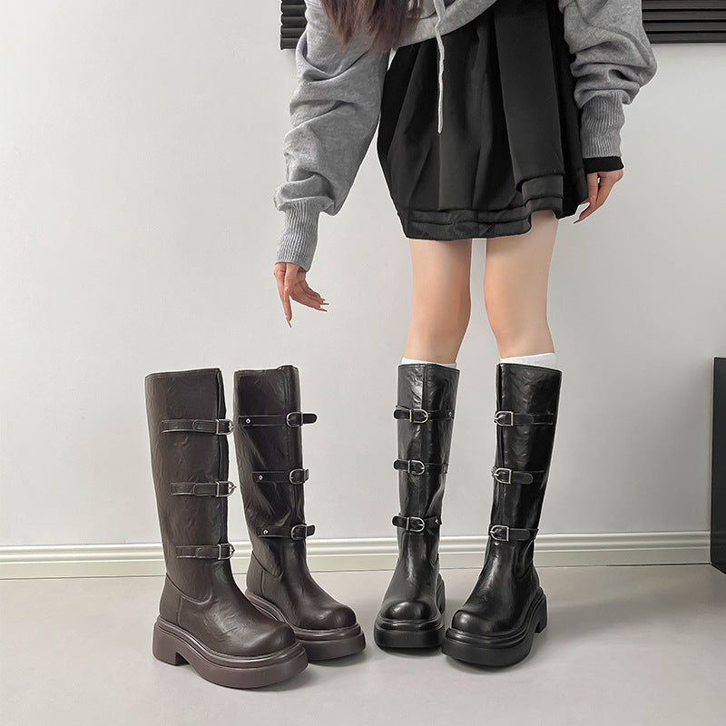 Retro Round Toe Belt Buckle Slimming Tall Knight Thick Bottom Women's Leather Boots