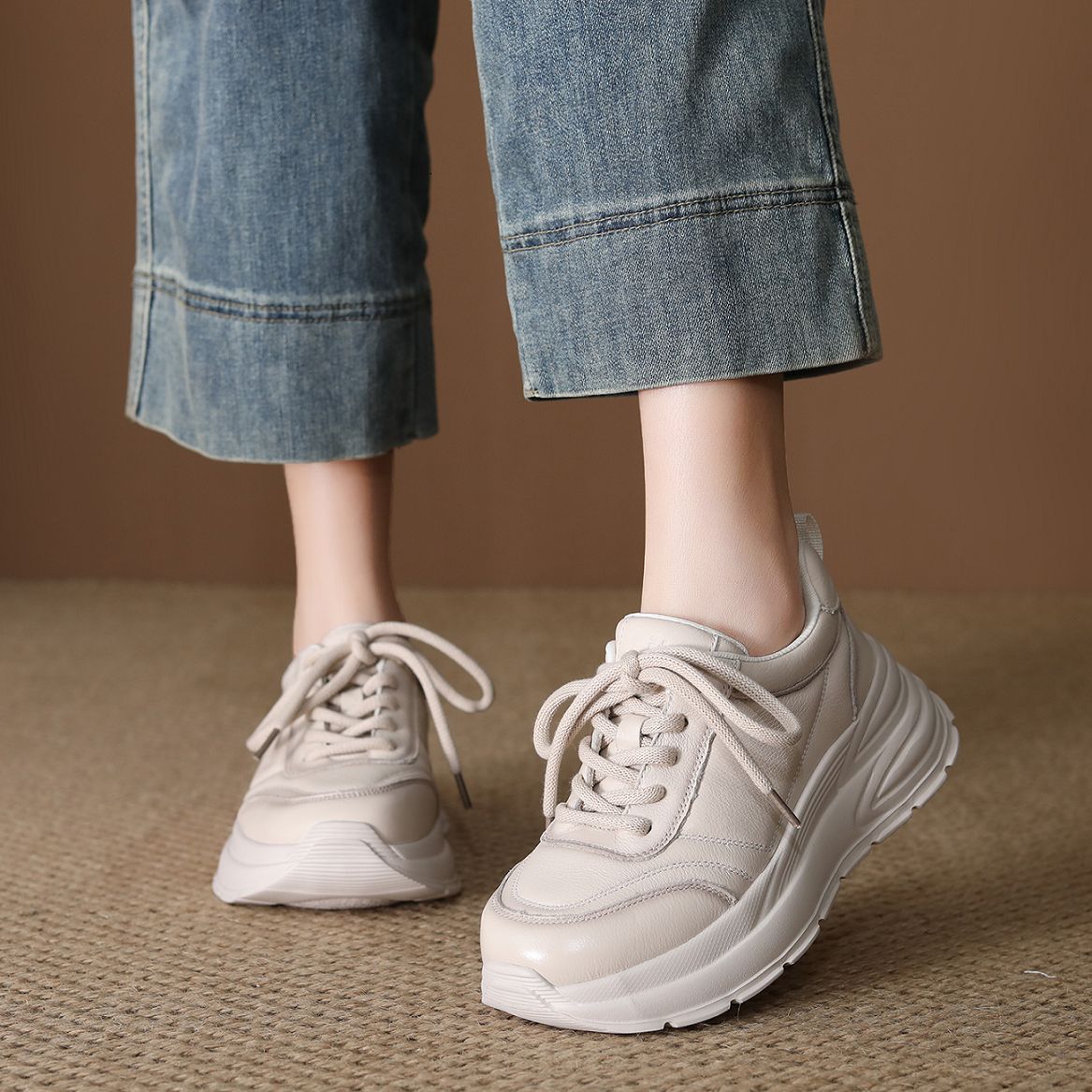 Women's First Layer Cowhide Dad Spring Fashion Boutique Platform Comfortable Casual Shoes