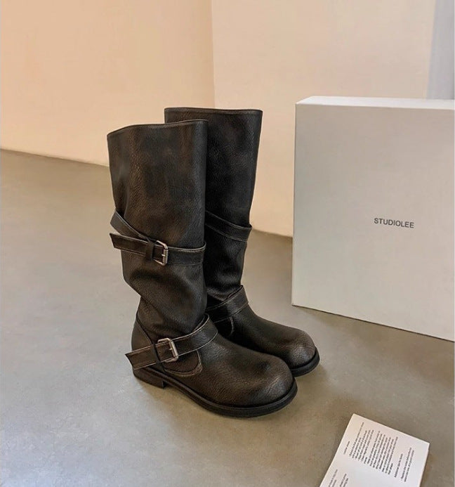 Wide Tube Large Round Toe Pants Chunky Platform Genuine Long Women's Leather Boots