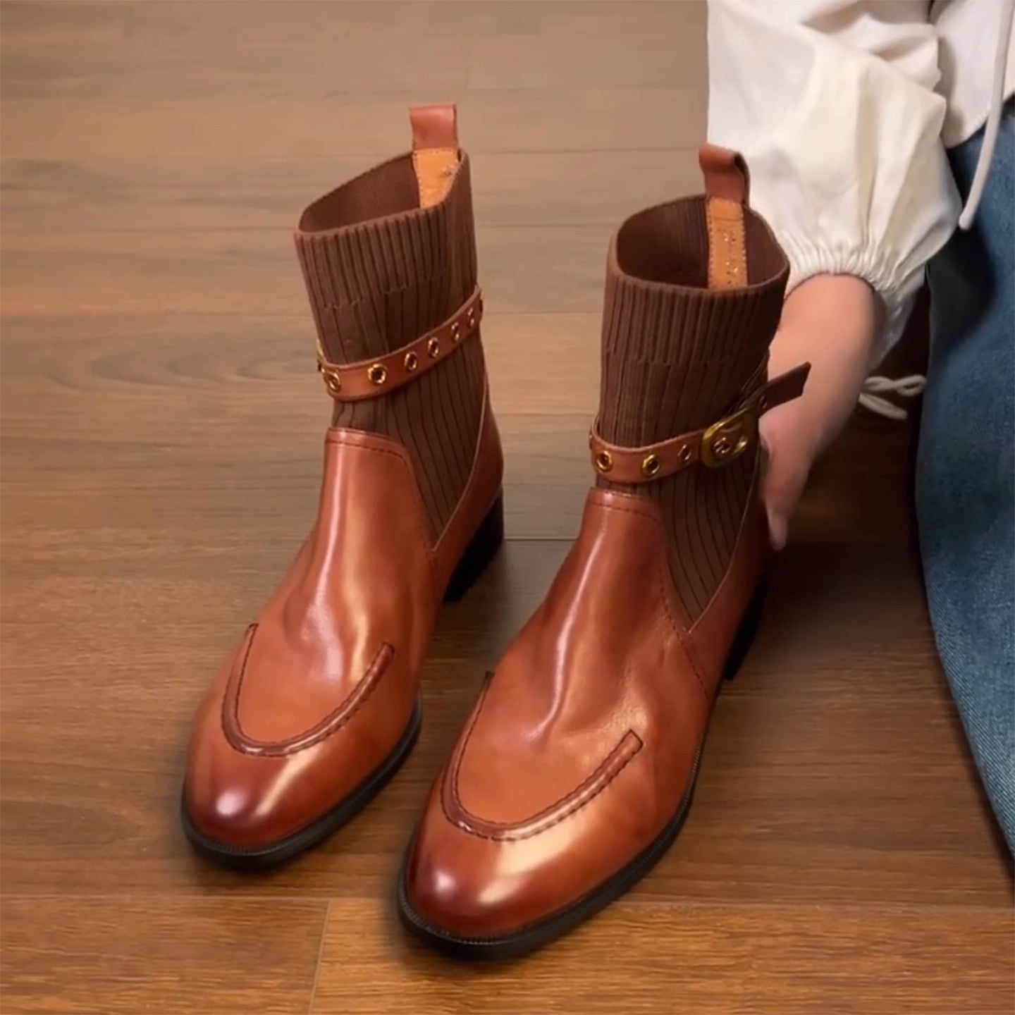 Women's Martin Retro Easy Matching Round Toe Metal Belt Buckle Chunky Boots