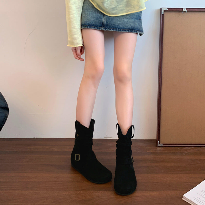 Women's Insole Vintage Suede Buckle Big Tube Circumference Fat Boots