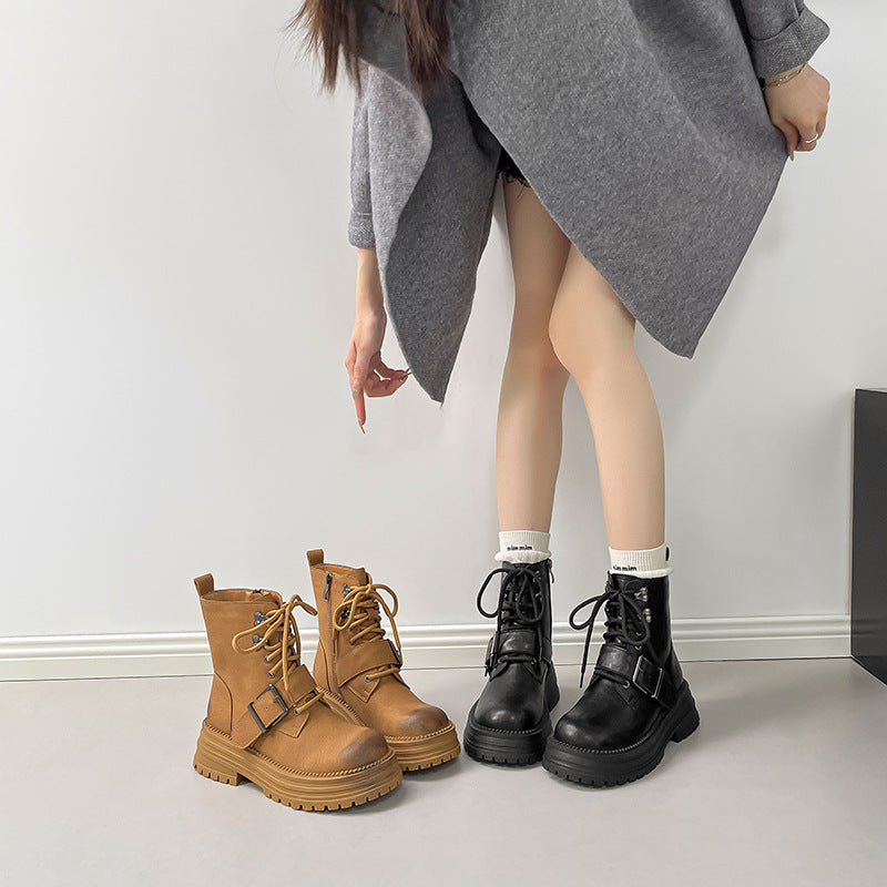 Women's British Style Brushed Thick Bottom Tooling Belt Buckle Women's Leather Boots
