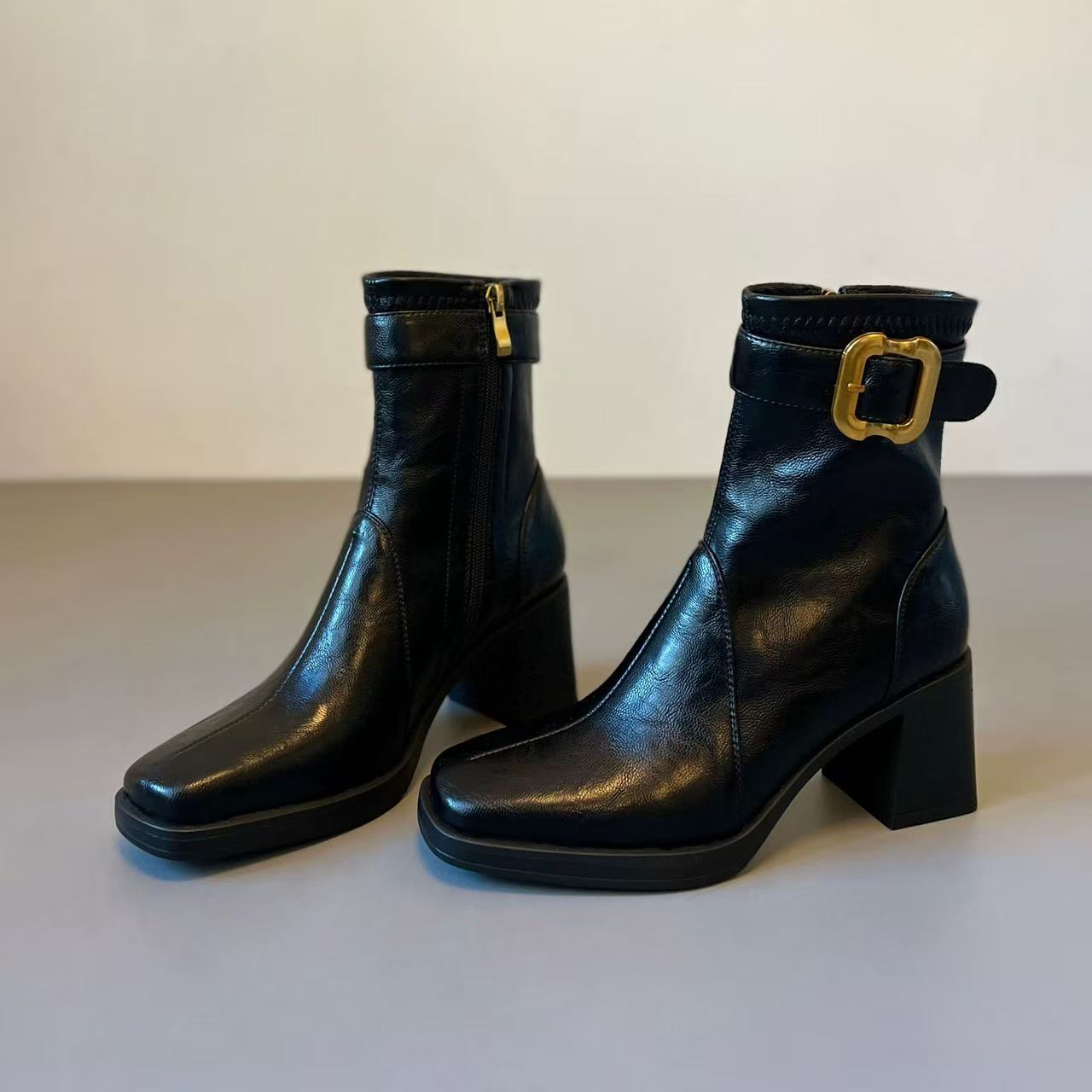 Women's Square Toe High Short Retro Chunky Women's Leather Boots