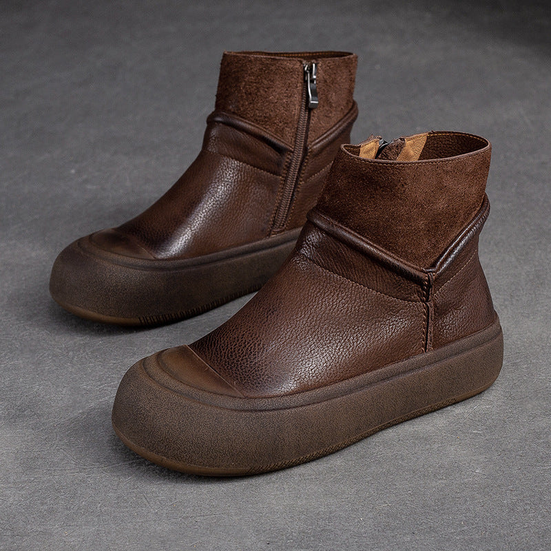 Women's Side Zipper Retro First Layer Cowhide Boots
