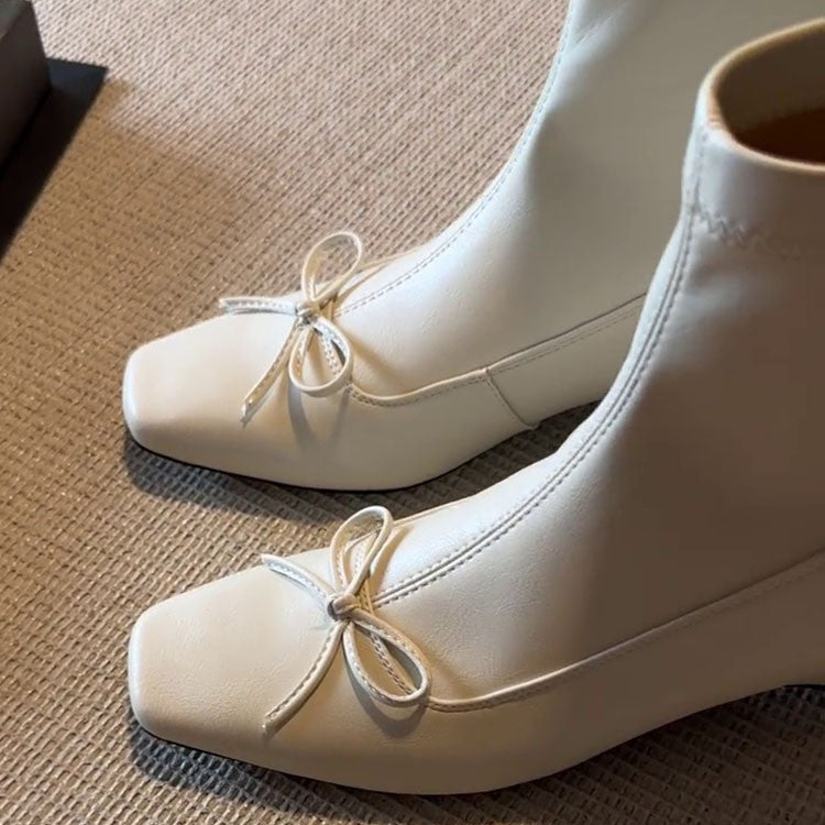 Women's Height Increasing Insole Niche Stretch Thin Ballet Style French Bow Women's Leather Boots