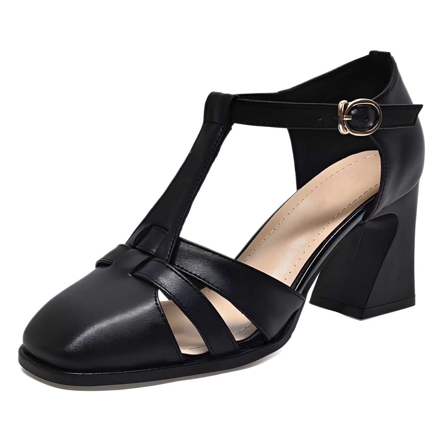 Women's French Style Closed Toe Summer Square Chunky High Genuine Buckle Sandals